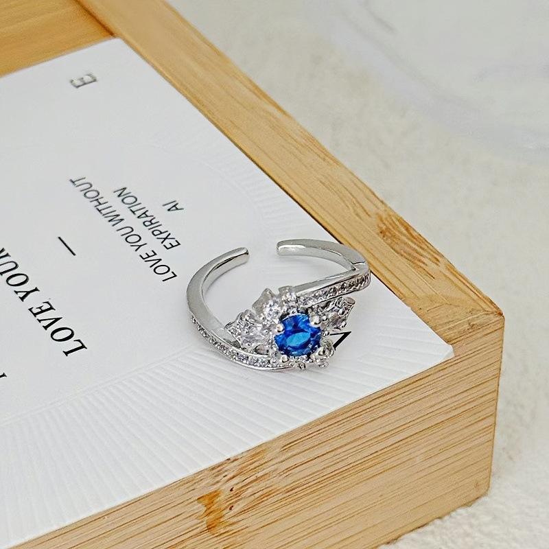 Light Luxury Full Diamond Sea Blue Zircon High-End Open Ring Gypsy Star Niche Design Butterfly Personalized Index Finger Ring Female