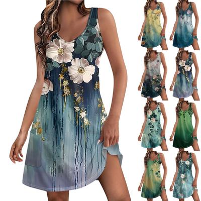 Women's Casual Print Summer Bohemian Beach Dress With Pockets V Neck Tank Dress