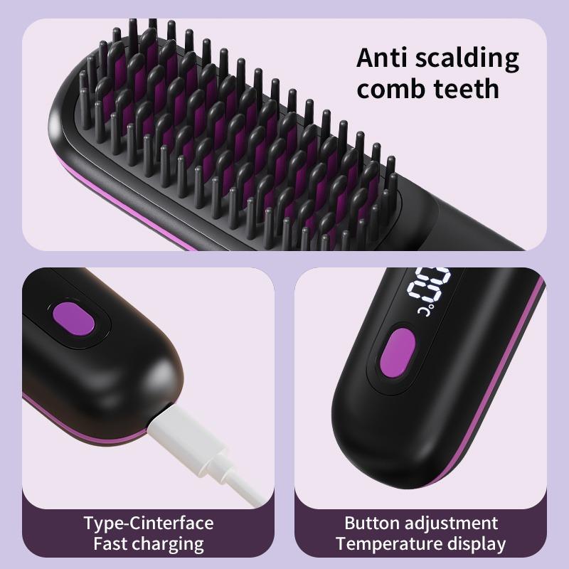 1PC portable wireless hair straightener brush, constant temperature and anti-scalding , hot comb function, Type-C fast charging, LCD screen display