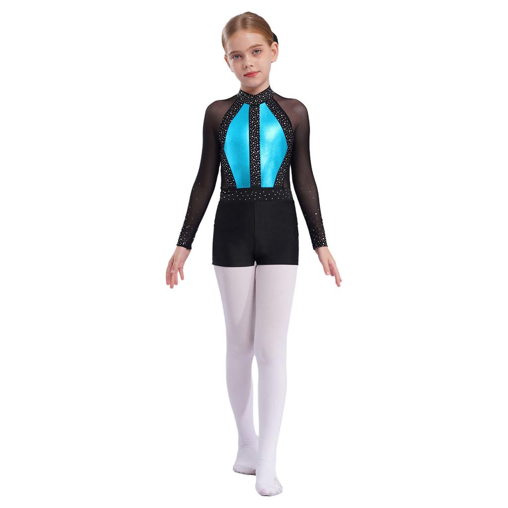 Mädchen Mesh Langarm Turnanzug Strass Shorts Kopfschmuck Gymnastik Tanz Performance Set
