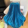Maxi Skirt High Waist Glossy Long Skirt Solid Color Pleated Design Large Hem Dance Skirt Work Leisure Daily Wear