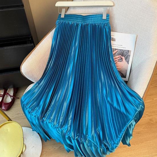 Maxi Skirt High Waist Glossy Long Skirt Solid Color Pleated Design Large Hem Dance Skirt Work Leisure Daily Wear
