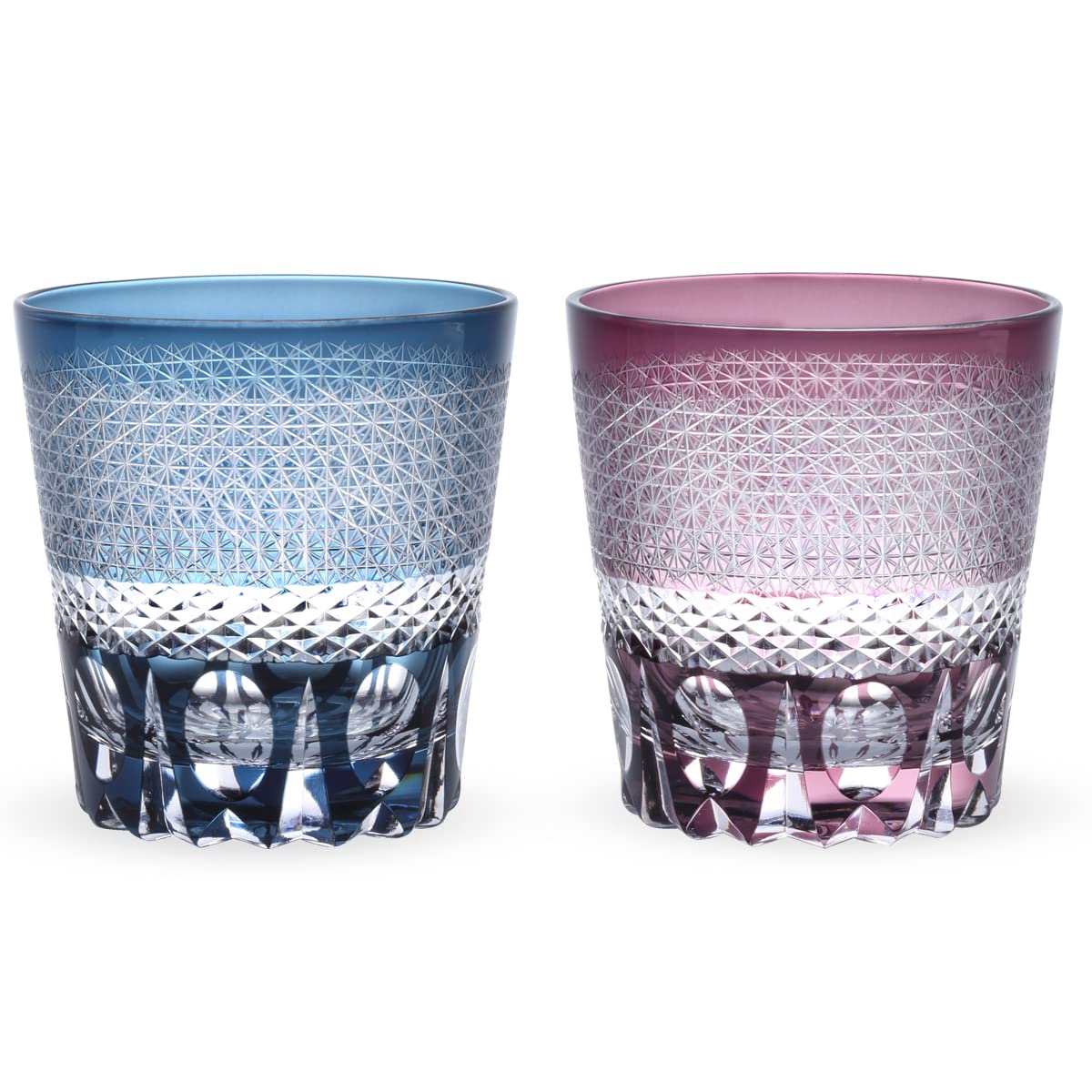 

Retro Kiriko Pair of Glass Sashiko Ink Blue Kasho Current Model J-kitchens Cups, 85xH90mm, 260cc, & Purple,