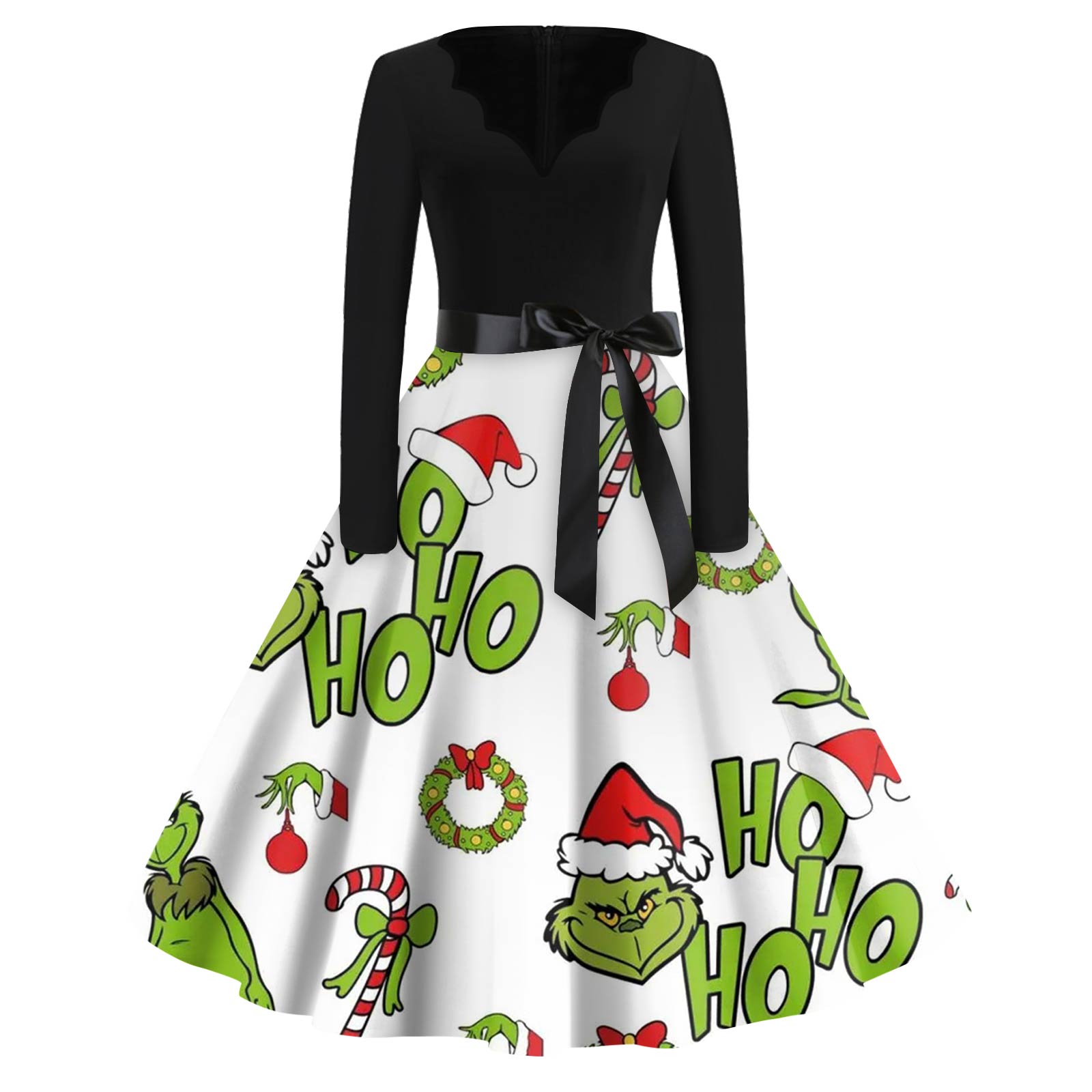 

Women s Fashion V-neck Casual Slim-fit Christmas Print Long-sleeved Dress S