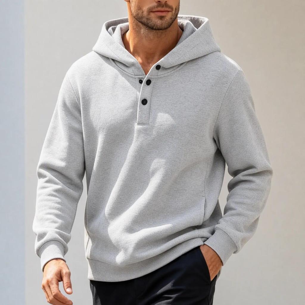 Men's Hoodie with Button Collar Casual Pullover Sweatshirt for Spring and Fall