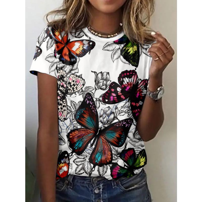Summer Fashion Women s Flower Butterfly Pattern Printed T-shirt 2XS