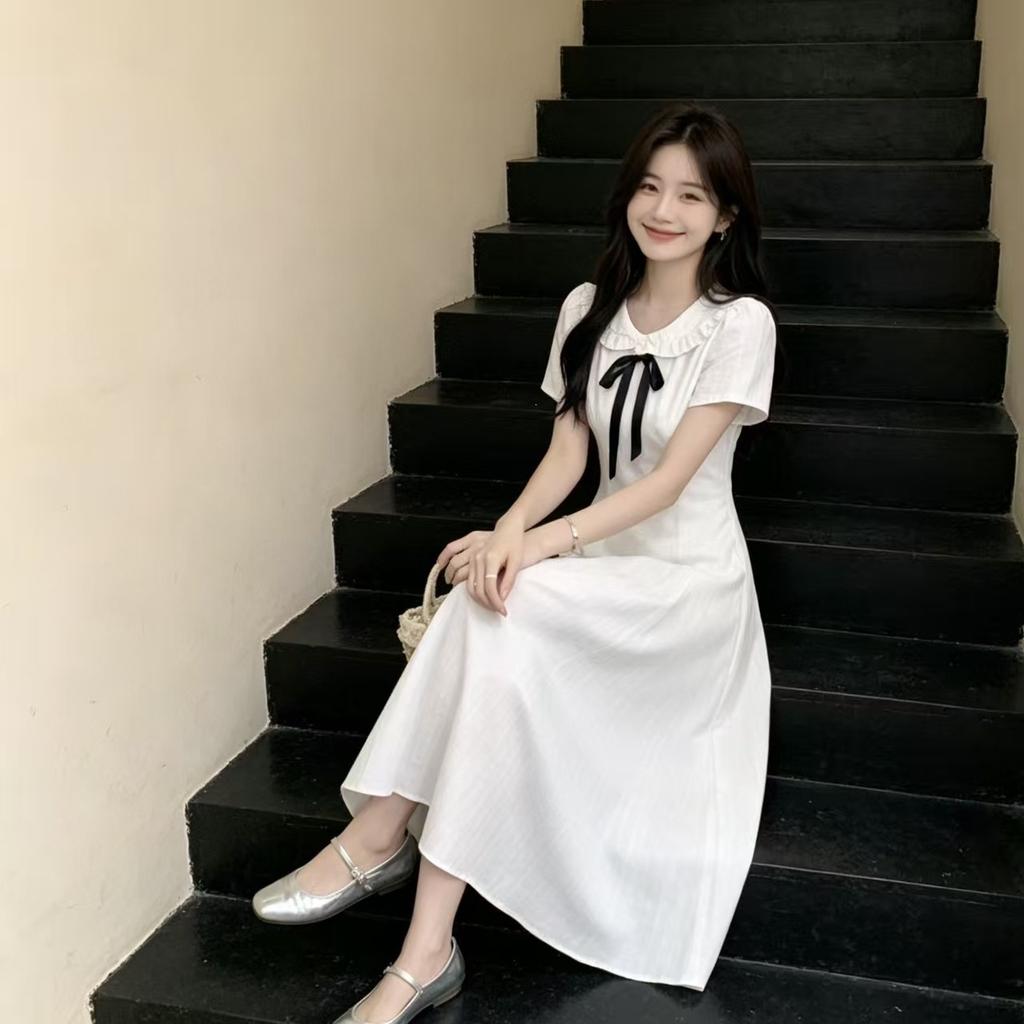 French First Love Doll Collar Huge Good-looking Dress Women's Summer College Style Gentle White Short-sleeved Temperament Long Skirt