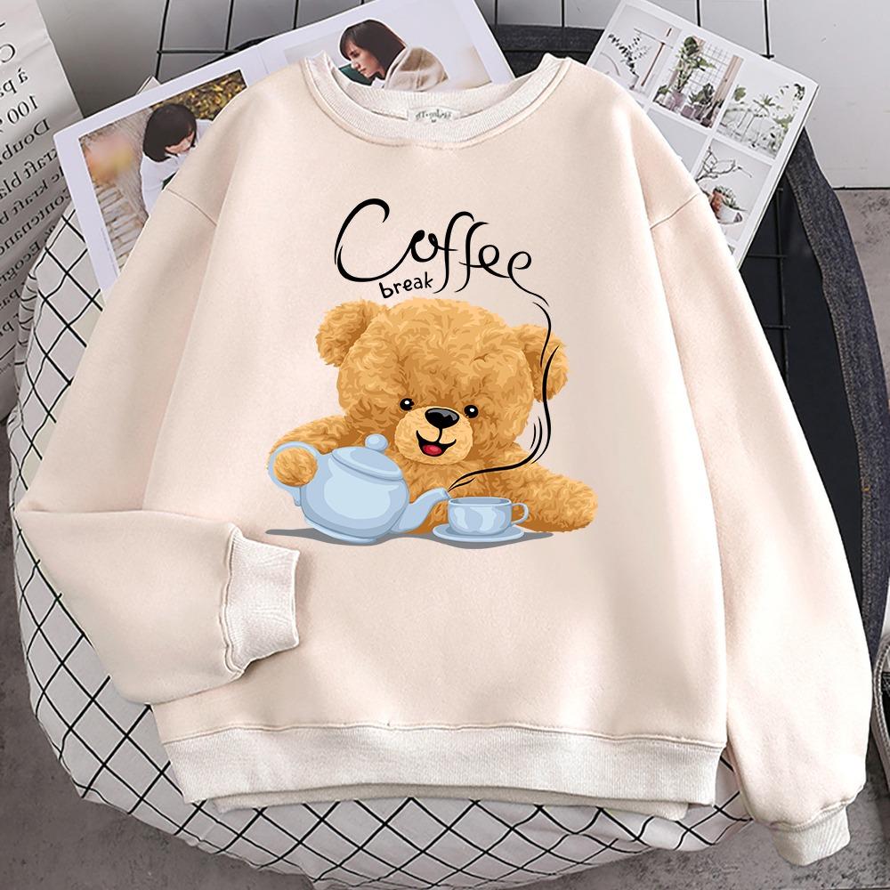 Street Casual Womens Sweatshirt Coffee Break Teddy Bear Making Coffee Print Hoodies Loose Soft Pullovers Crewneck Clothes