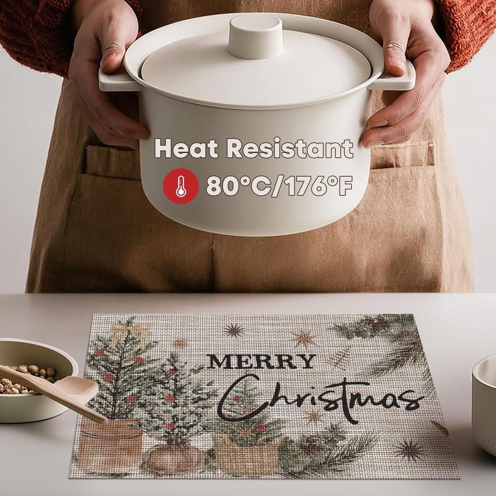 Xmas Trees Holly Pine Cone Vinyl Christmas Placemats Set of 4, 12x18 Inch Washable Plastic Non-Slip Woven Winter Table Mats