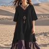 Women's Boho Patchwork Loose Dress Casual V-Neck Short Sleeve Swing Dress Summer Beach Vacation Sundress