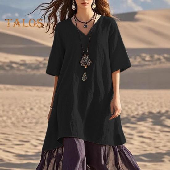 Women's Boho Patchwork Loose Dress Casual V-Neck Short Sleeve Swing Dress Summer Beach Vacation Sundress
