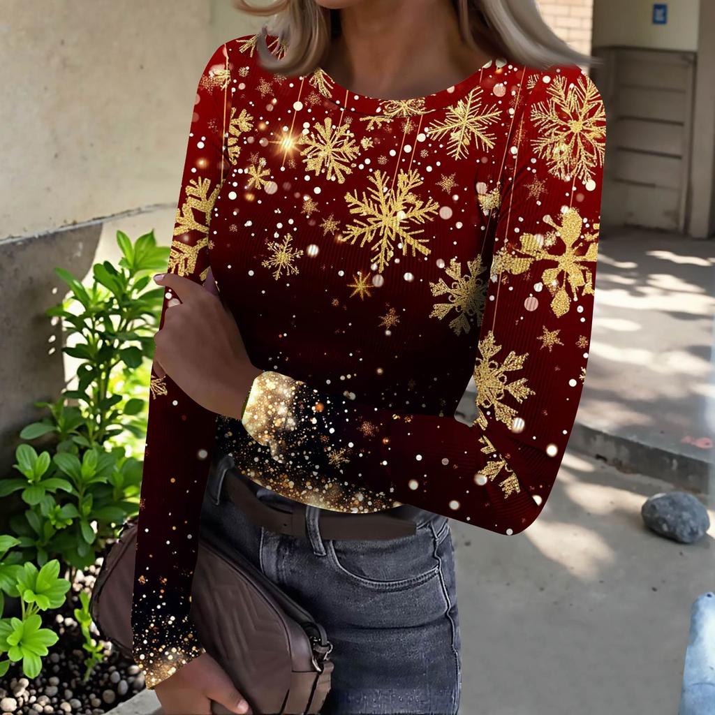 Women's  Slim Bottom T-shirt Fashion Casual Gradient Printing Round Neck Pullover Long Sleeve Top