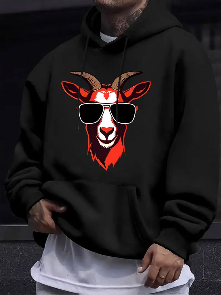 American/European Style unisex Autumn/Winter Printed Hoodie Long-Sleeve Sweatshirt, Goat with Fashion Glasses Trendy Cool Printed Hooded Sweatshirt, H