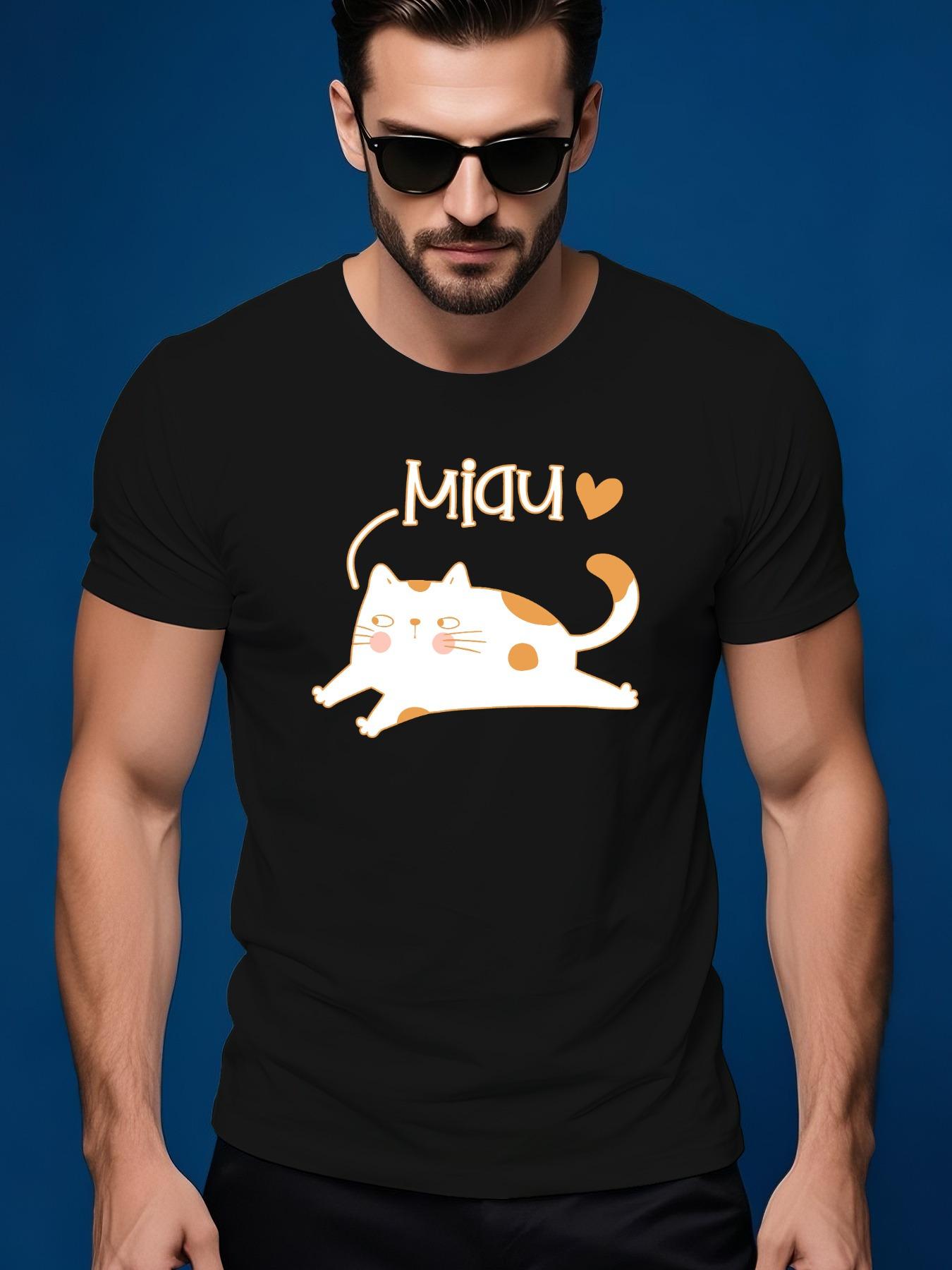 Black Casual Short Sleeve Tshirt with Orange Cat Miao G... XL