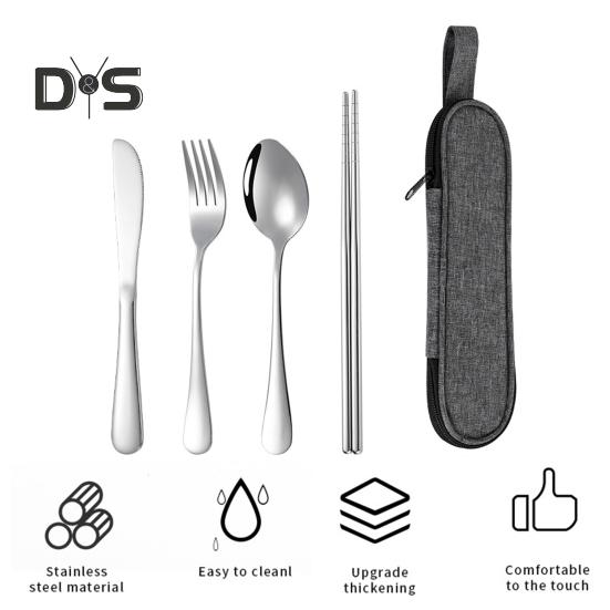 Stainless Steel Cutlery Set 4-Piece Retro Tableware Fork Spoon Chopsticks Knife with Storage Bag Mirror Polished Dishwasher Safe Cutlery Set for Home