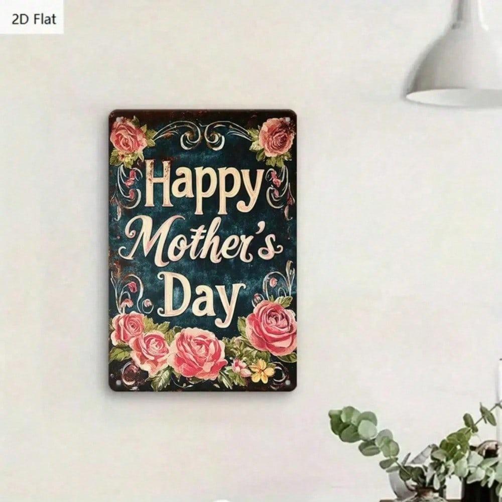 Vintage Mother's Day Tin Sign 8x12 Inch Pink Roses Floral Metal Wall Decor Rustic Farmhouse Gift