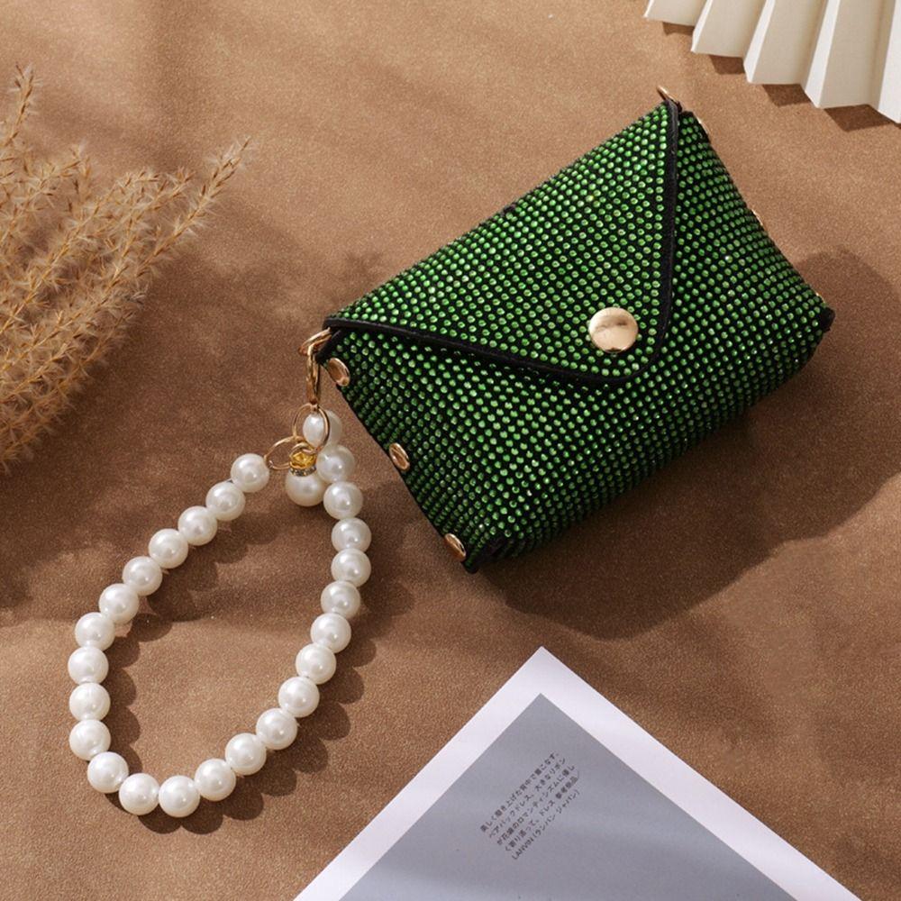 

With Pearl Lanyard Mini Storage Bag Shiny Headphone Bag Change Bag Rhinestone Coin Purse Women серебряный