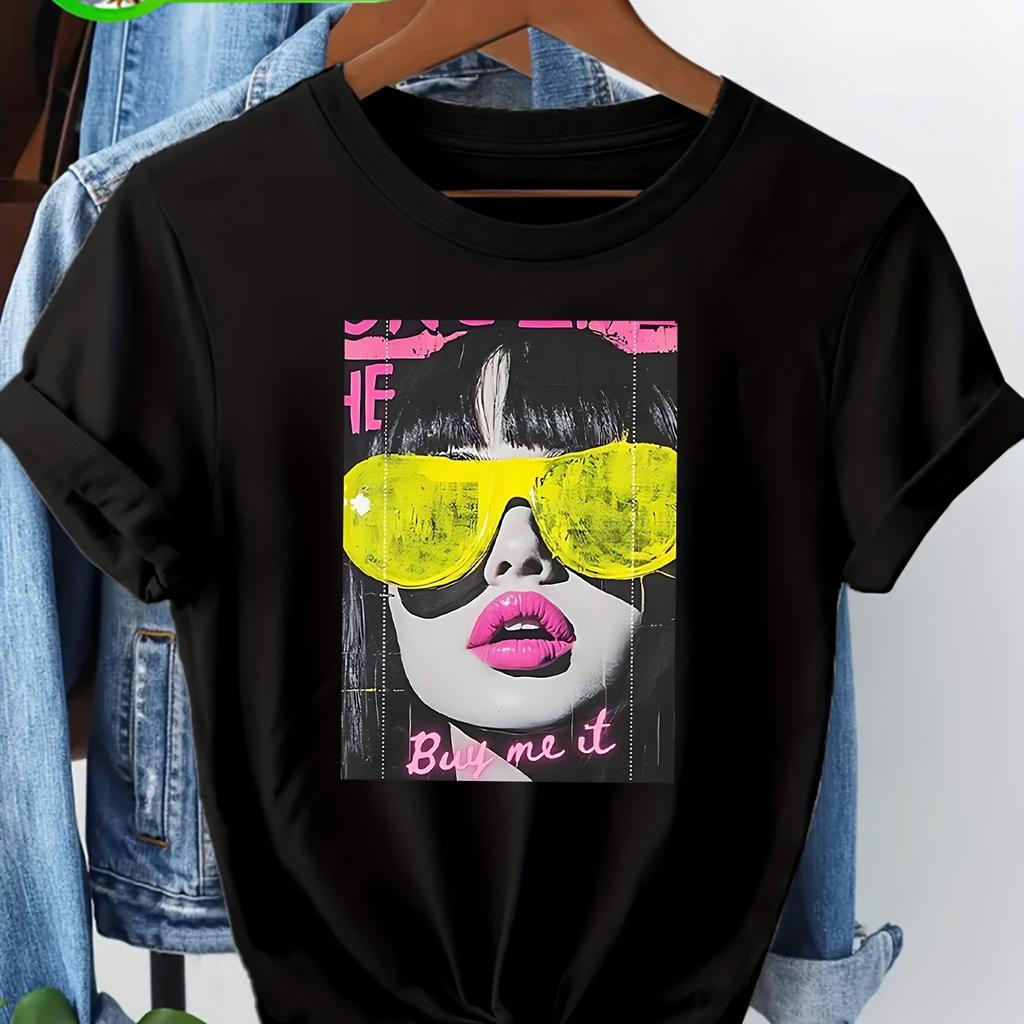 Ladies Tshirt Cool Pop Art Fashion Pattern Tshirt With Sunglasses For Comfortable Street Style Daily Wear