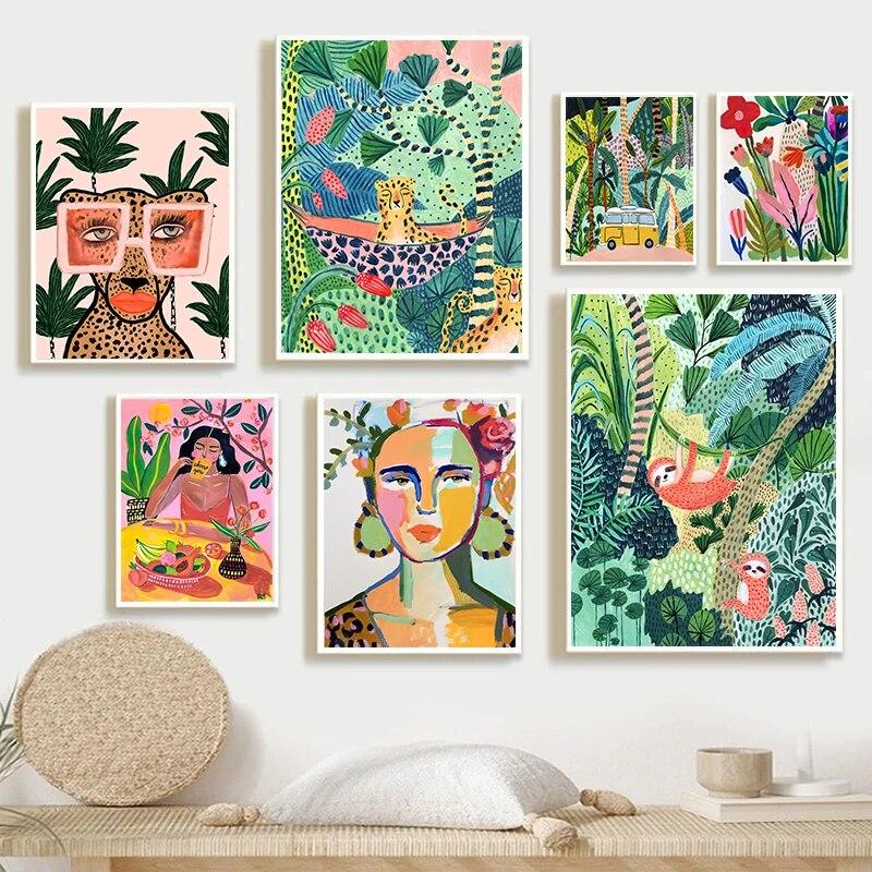 

Colorful Flowers Animal Wall Art Picture Room Abstract Tropical Plant Leopard Koala Girl Poster Canvas Painting