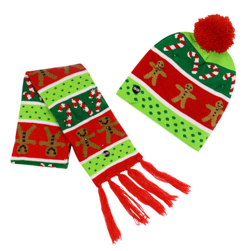 Cross-border Hot-selling Adult Winter Christmas Series Wool Hat LED Lighting Warm Knitted Hat Scarf Set Wholesale
