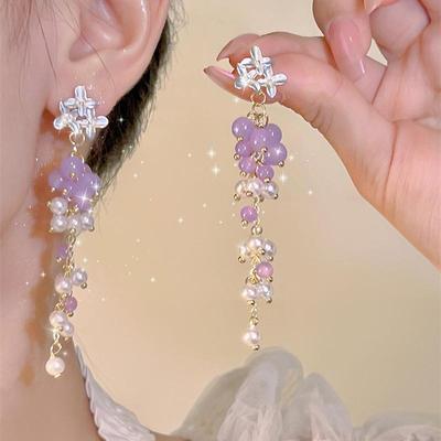 Light Luxury Advanced Sense Long Tassel Purple Crystal Grape Earrings For Women