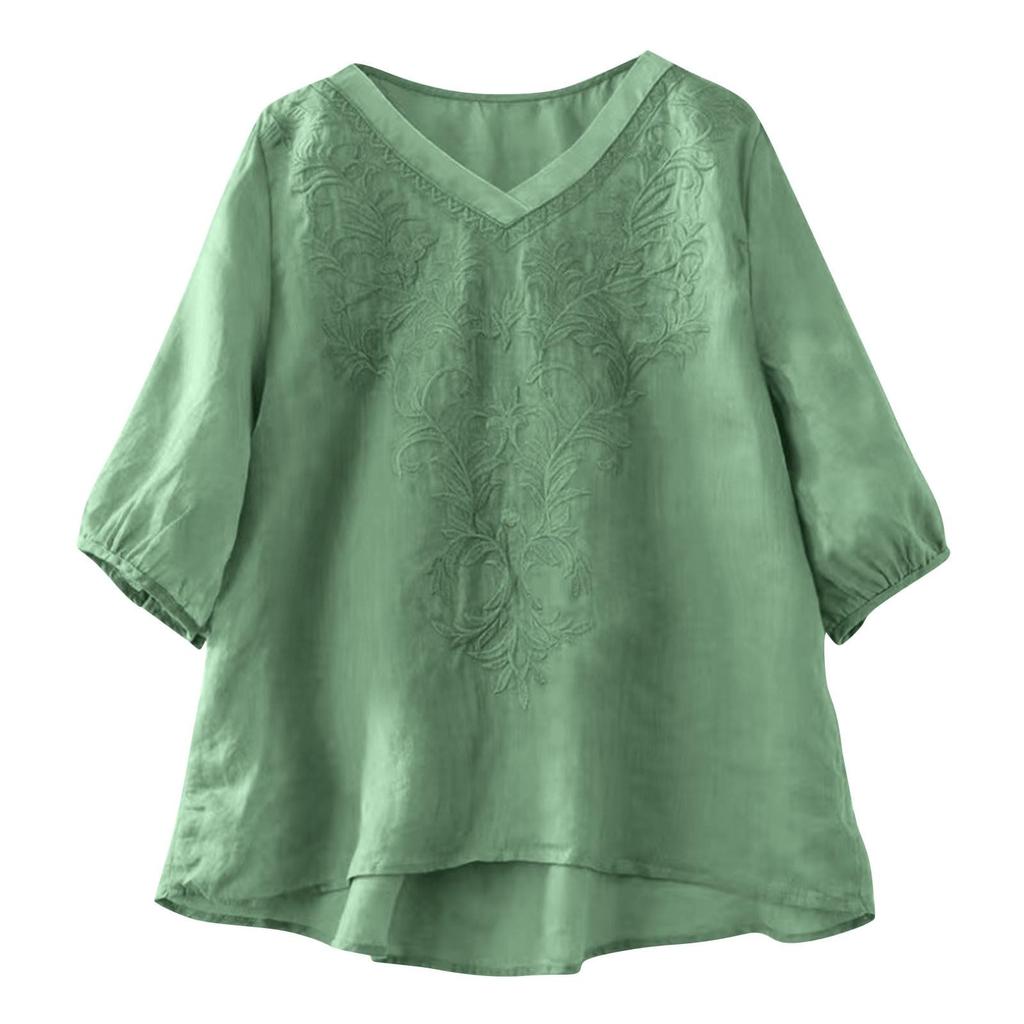 Women Vintage Embroidered V Neck Loose Fit Puff Sleeve T Shirt Casual Relaxed Fit Top for Daily Wear Spring Summer Outfits