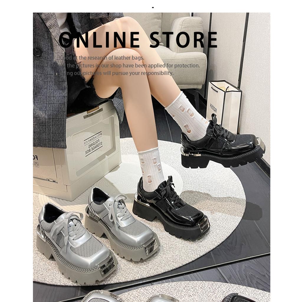 Silver lace-up small leather shoes women's thick heels and thick soles increase height Wasteland style personality derby shoes metal decoration supe