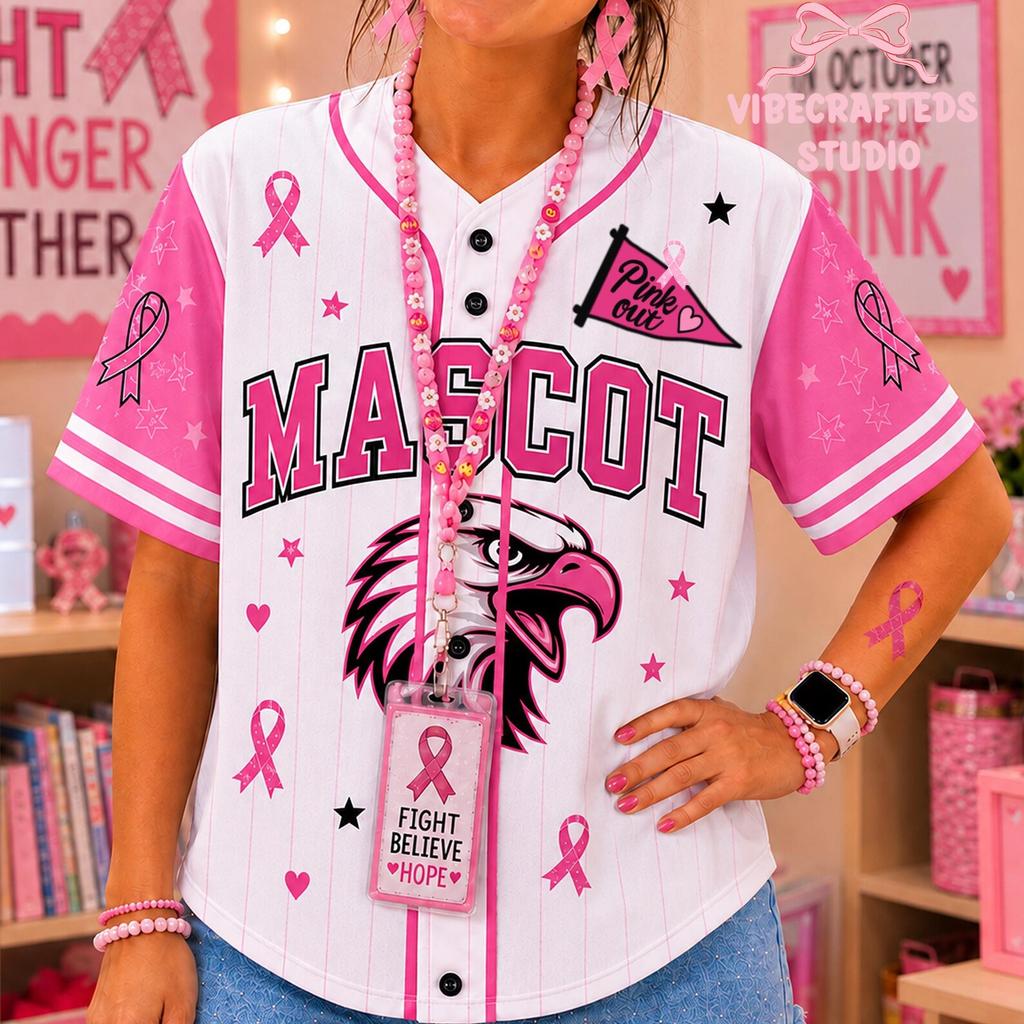 Custom Mascot Pink Out Jersey, Personalized Name Number Breast Cancer Awareness Shirt, Football Team Spirit, School Mascot Baseball Jersey