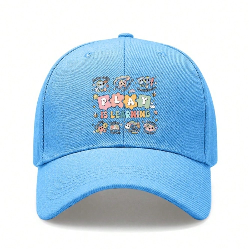 Kids Educational Baseball Cap - "PLAY IS LEARNING" Print Adjustable Breathable Lightweight Unisex Outdoor Sports Hat For School & Everyday Wear -