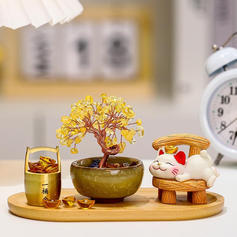 Laywin Fortune-Bringing Cat Home Decoration Item - Natural Yellow Crystal Tree - Tree of Wealth - Cat Desktop Decorative Item
