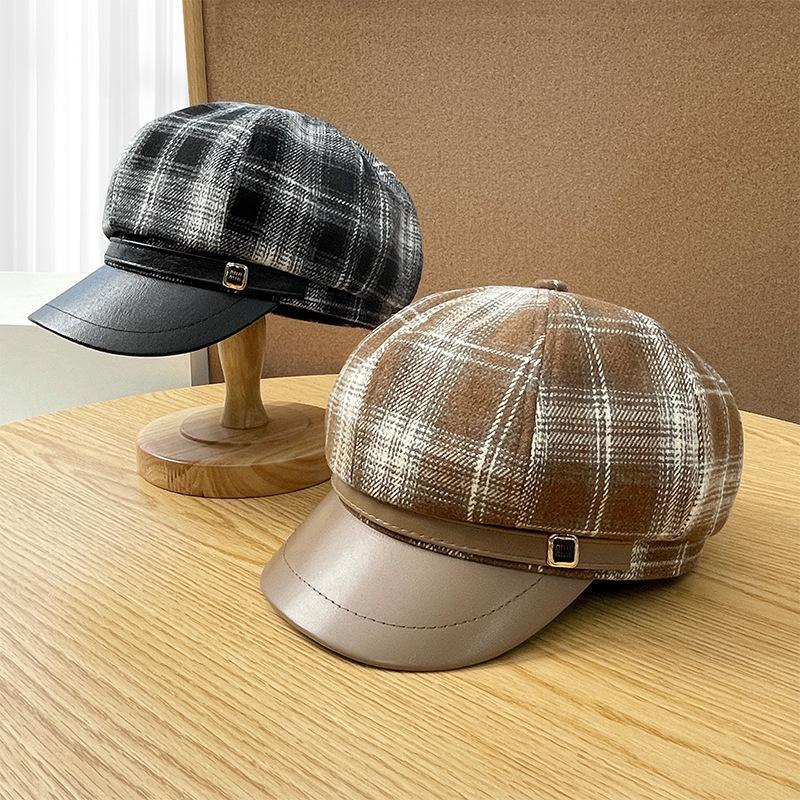 Stitched Plaid Fashion Octagonal Hat for Women in Spring and Autumn Travel Temperament Versatile Little Painter's Hat Showing Face