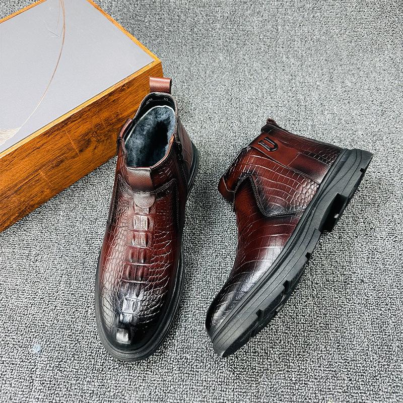2025 Winter New Velvet Crocodile Pattern Men's Boots Fashionable Medium Tube Martin Boots British Leather Boots Warm Men's Boots