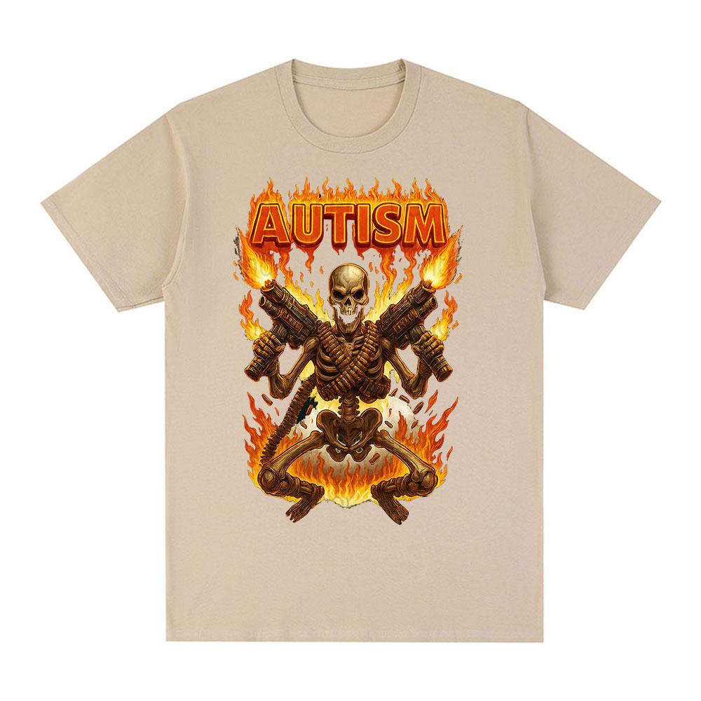 Autisitic Funny Skeleton Autism Meme Tshirts Mens Clothing Vintage Summer Short Sleeves Tshirt Cotton Casual Oversized T Shirt M