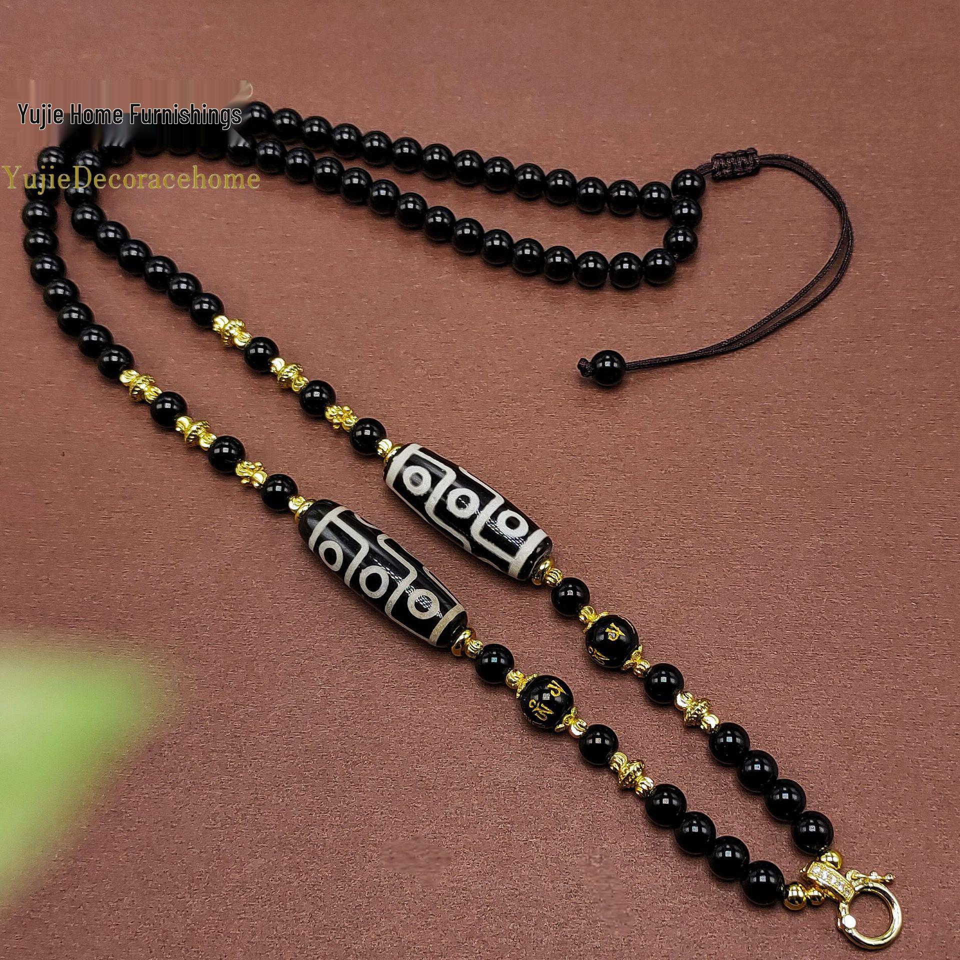 Тибетское ожерелье из черного агата Дзи со съемным подвесом Тханка