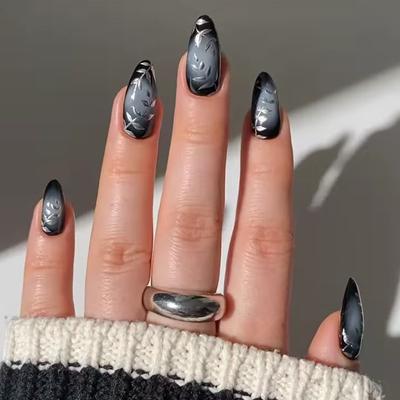 Wear Armor Dark Wind Removable Nail Pieces Silver Leaves Simple Smudging Fake Nail Pieces 24 Fake Nails