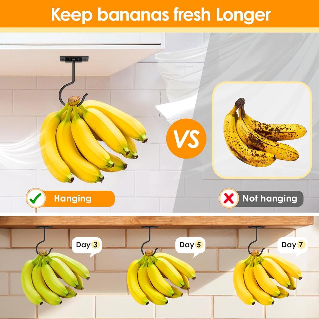 Self Adhesive Banana Hook Under Cabinet Foldable Banana Hanger Black Metal Under Counter Banana Hook to Keep Bananas Fresh Banana Holder for Kitchen