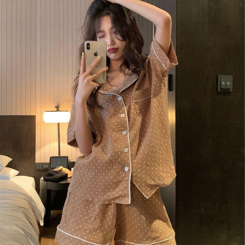 

Coffee polka dot pajamas women s summer new popular ins style Japanese short-sleeved shorts loungewear set can be worn outside s recommended weight 35-40kg