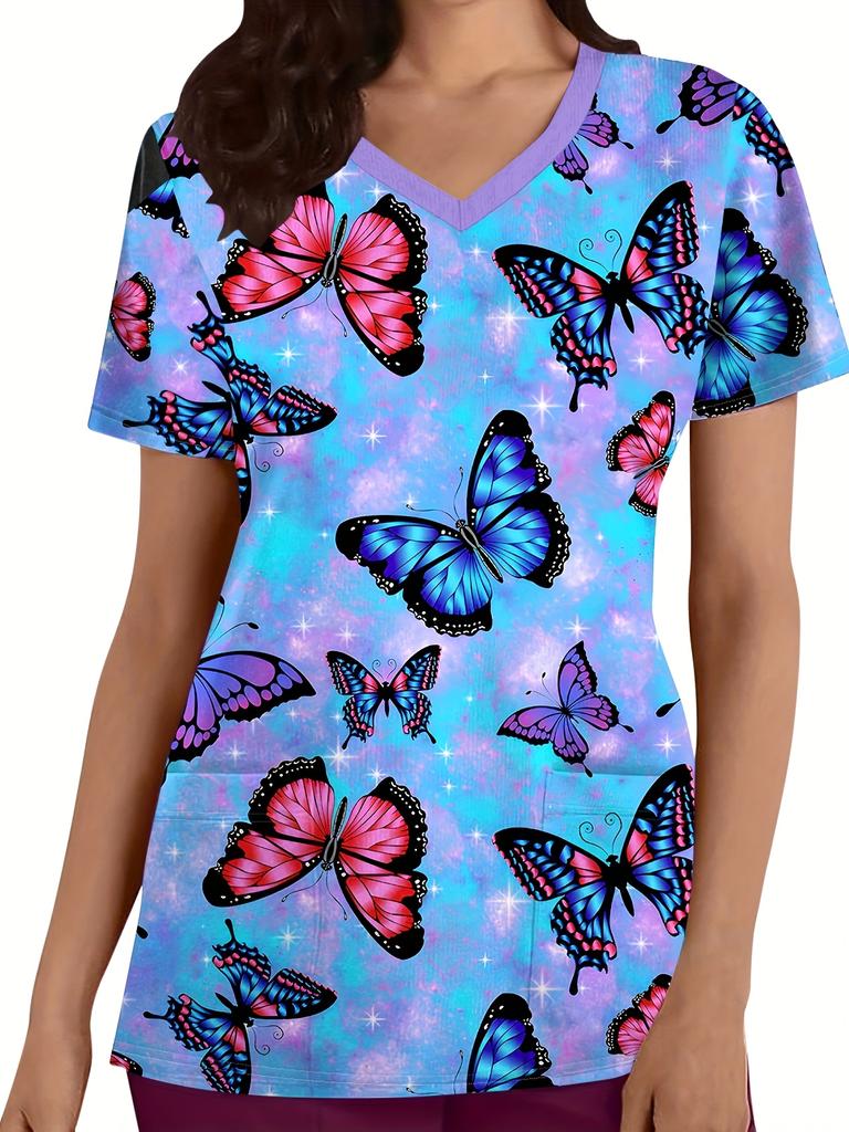 Fashion butterfly Short-Sleeve TShirt Commuting Work V-Neck Top Short Sleeves Woman
