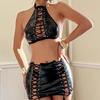 Sexy Women's Black Hollowed-out Strap Buckle Patent Leather Sexy Backless Lingerie Set