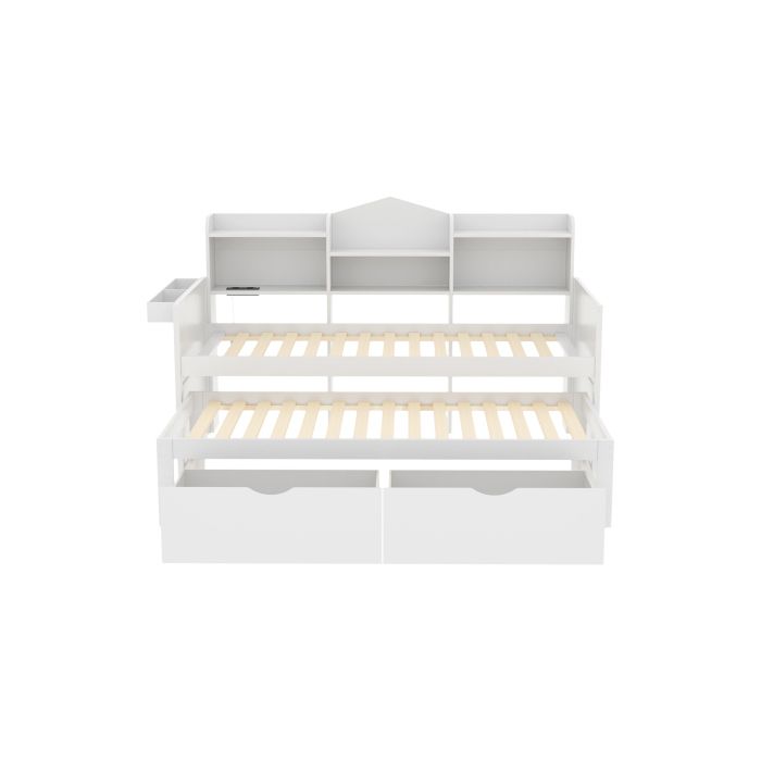 Canapé-lit - MUVOE - 90x200 Cm - Blanc - Lit Gigogne 90x190 Cm - Rangement Intégré