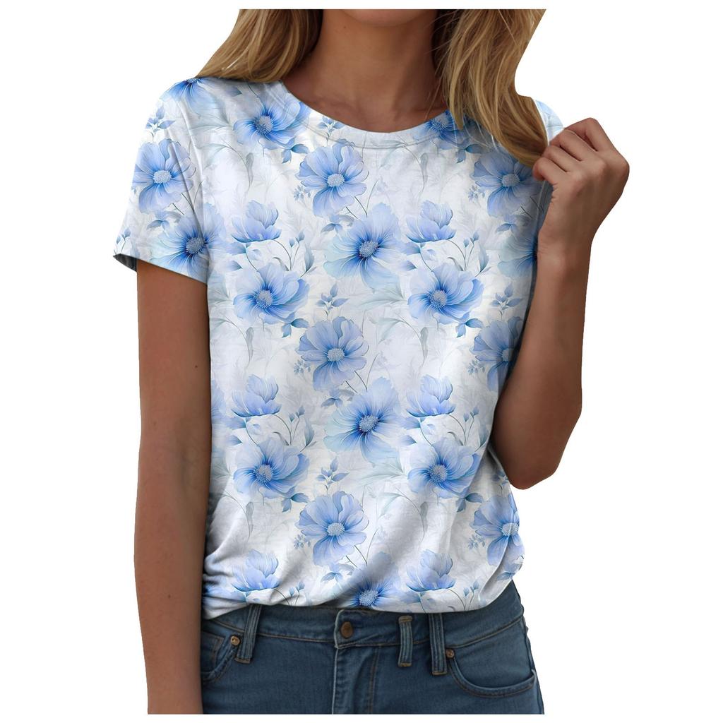 Women's Flower Print Top Fashionable Loose Short Sleeve Comfortable T-Shirts Women’s