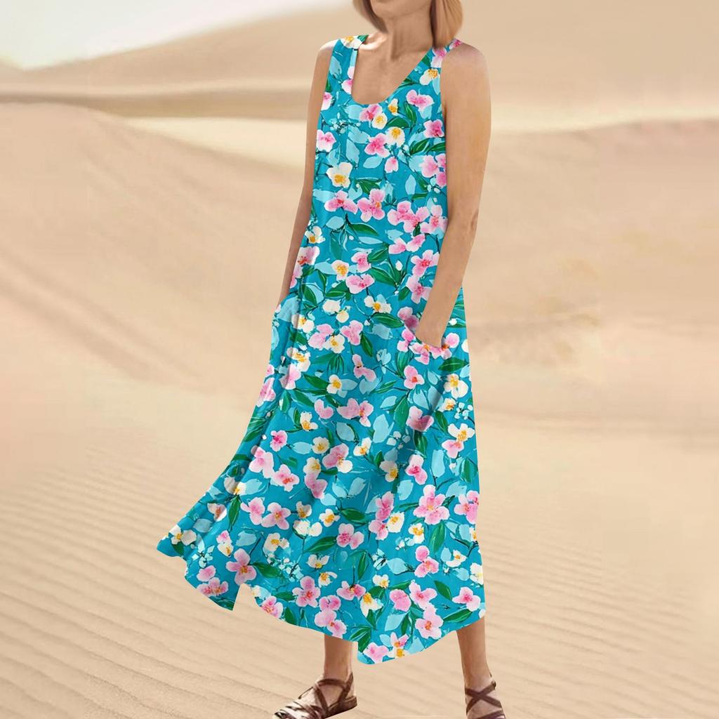 Robe d'été décontractée pour femmes, imprimé floral, sans manches, col rond, poches
