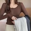 H262 Women's Early Autumn Slim Urban Buttoned Long-Sleeve Round-Neck T-Shirt