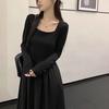 Women's French Black Pleated Square Neck Long Sleeve A-line Dress, Slim Fit Cinched Waist, New for Spring 2026