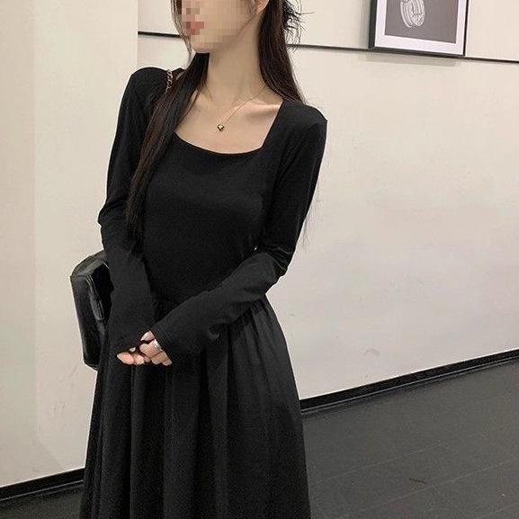 Women's French Black Pleated Square Neck Long Sleeve A-line Dress, Slim Fit Cinched Waist, New for Spring 2026
