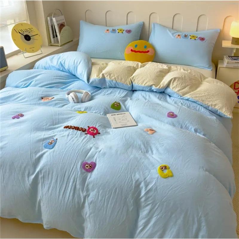 

Мультяшная милая кровать с ветром, 4 предмета приятной для кожи и удобной простыни, комплект пододеяльников, односпальная кровать для студенческого общежития, 3 комплекта 1.5m небесно-голубой