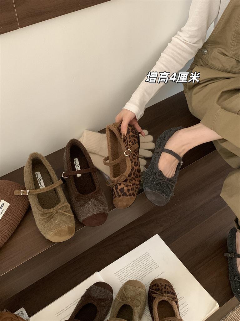 French Flat-bottomed Leopard Print Mary Jane Single Shoes Women's 2025 New Autumn and Winter Bow Versatile Velvet Ballet Shoes