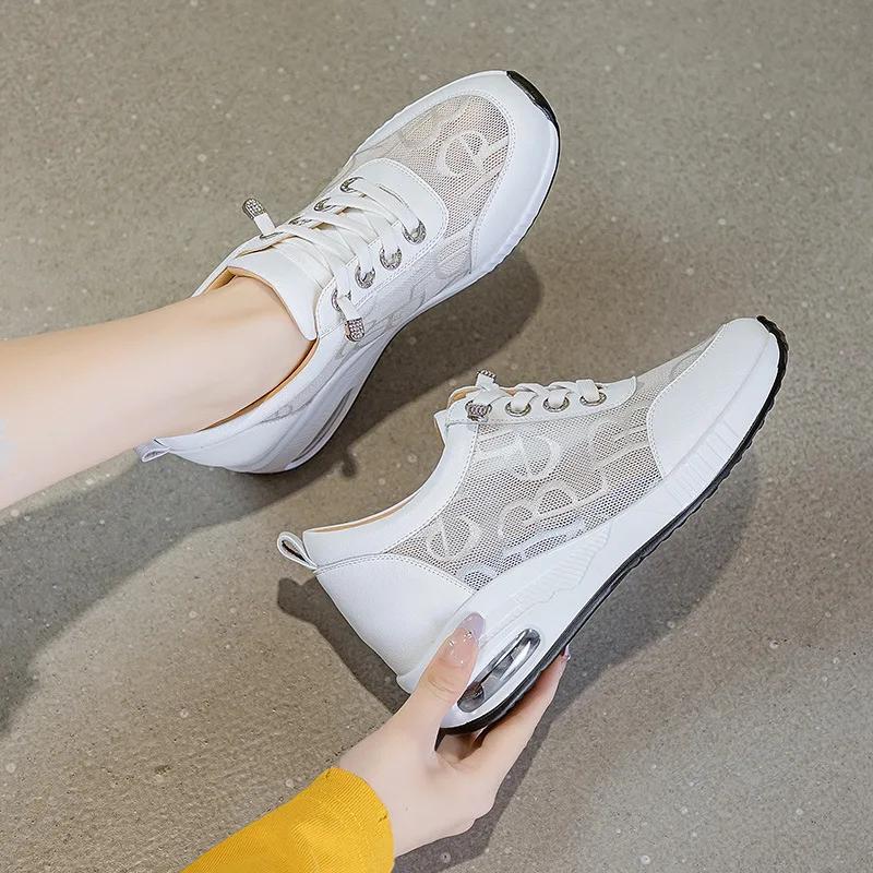 Womens Wedge Heel Block Heel Sandals Mesh Surface Women Shoes Breathable Casual Shoes Lace Up Tenis Thick Sole Sneakers 6CM heel