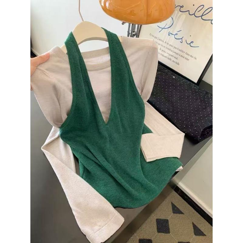 

Green stacked fake two-piece long-sleeved knitted sweater women s thin new top early autumn atmosphere wear L
