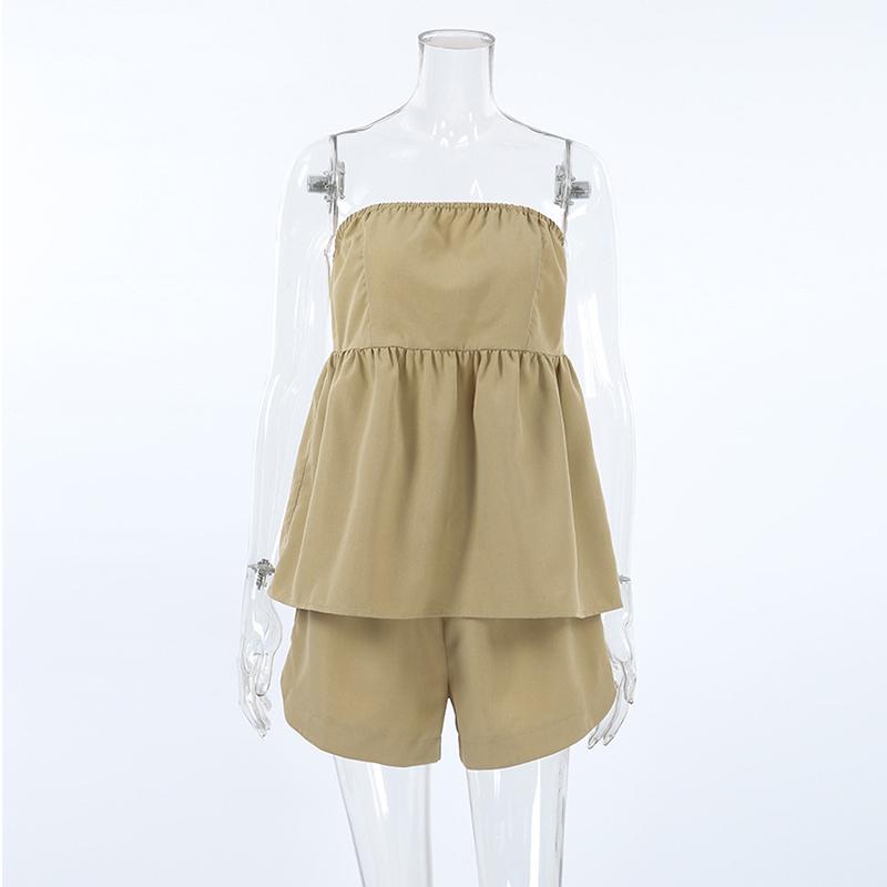 Summer Y2K Shorts Set Sexy Khaki Strapless Top High Waisted Wide Leg Shorts Set for Women's Summer Elegant Casual 2 Piece Sets